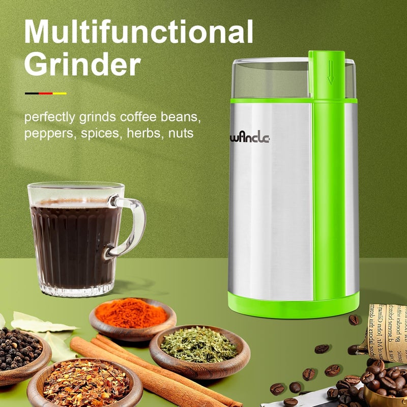 wancle Coffee Grinder, Electric Coffee Grinder, Quiet Spice Grinder, One Touch Coffee Mill for Beans, Spices and More, with Clean Brush (Green+Stainless Steel+Green) - Image 2